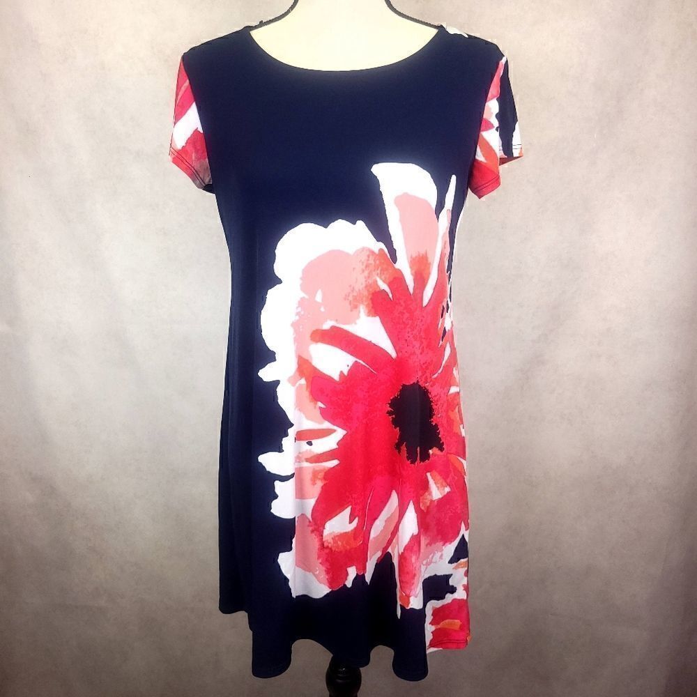 Tiana B Short Sleeve Navy Blue Floral Midi Dress Size 6P